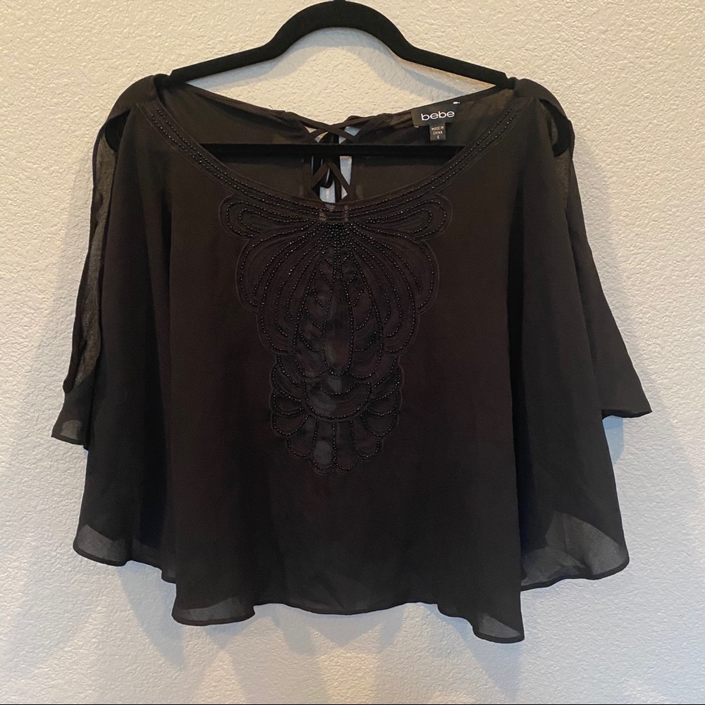 Bebe lace-up back sheer beaded flowy top